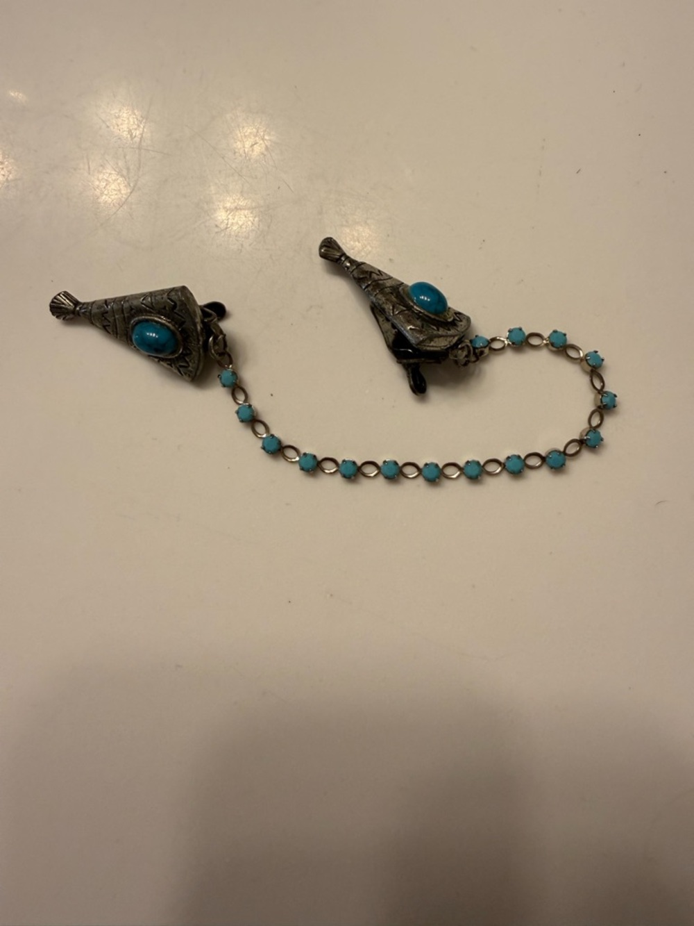 Turquoise Accent Silver Tone Sweater Clips - Vintage Style